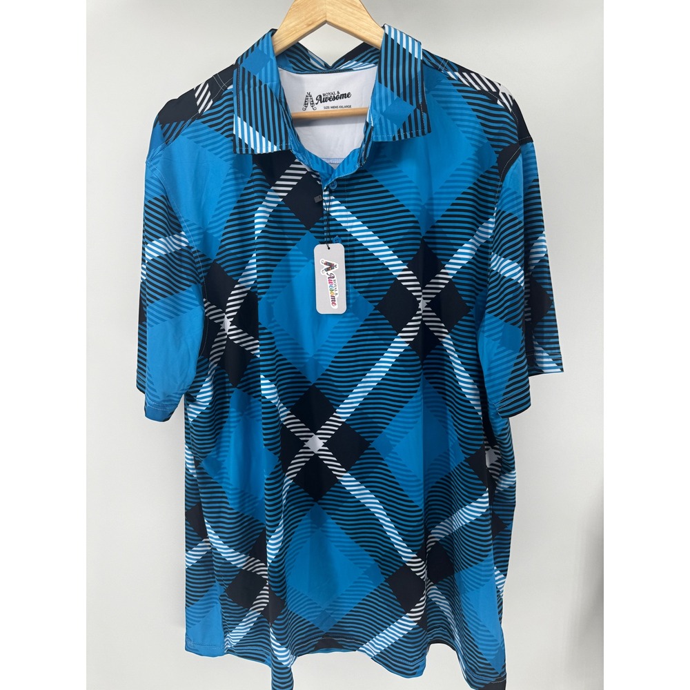 Royal & Awesome Golf Polo Shirt Mens XXL Blue Tartan Plaid Performance  NWT